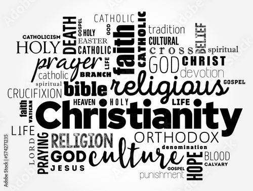 Christianity is an Abrahamic monotheistic religion based on the life and teachings of Jesus of Nazareth, word cloud concept background