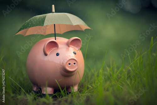 Insurance. Piggy bank with an umbrella in the rain on the lawn. life insurance, home insurance, home insurance, car insurance, car insurance. Insurance policy. Generative AI