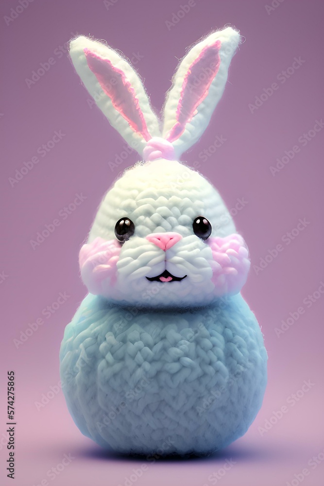 Obraz premium Amigurumi, crochet art illustration of a Happy Easter bunny with color Easter eggsю Made from multicolored wool. generative AI.