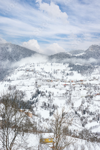 Winter Landscape with Small Village Houses Between Snow Covered Forest in Cold Mountains. Giresun - Turkey photo