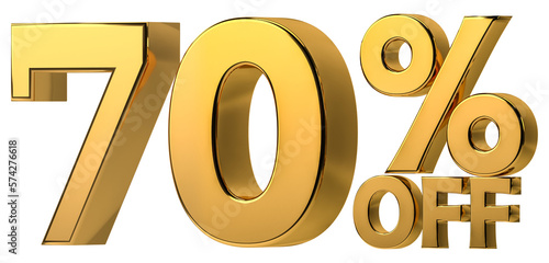 3d golden 70 % off discount isolated on transparent background for sale promotion. Number with percent sign. Include png format