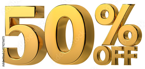 3d golden 50 % off discount isolated on transparent background for sale promotion. Number with percent sign. Include png format