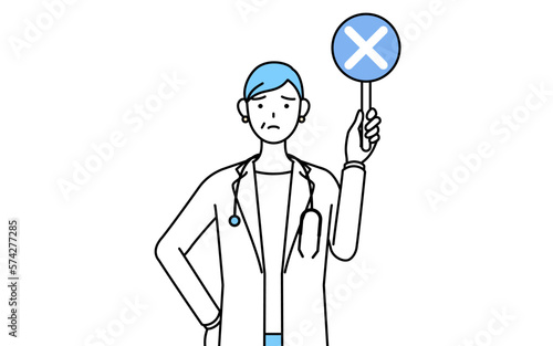 不正解を示すバツの棒を持つ聴診器をかけた白衣の女性医師、シニア・中高年のベテラン医師 © TKM