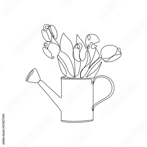 Watering can with flowers. One line art. Bouquet of tulips in watering can. Spring vector illustration.