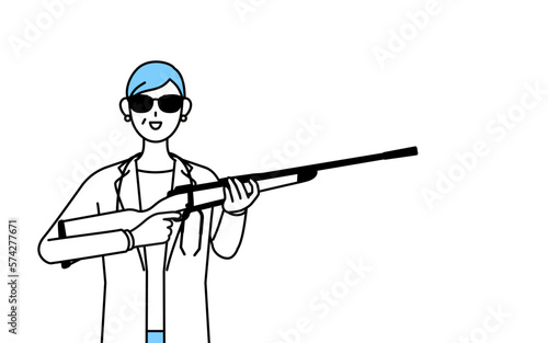 サングラスをかけてライフル銃を持つ聴診器をかけた白衣の女性医師、シニア・中高年のベテラン医師
