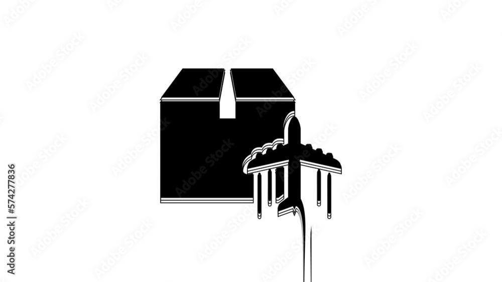 Black Plane and cardboard box icon isolated on white background. Delivery, transportation. Cargo delivery by air. Airplane with parcels, boxes. 4K Video motion graphic animation Black Plane and cardboard box icon isolated on white background. Delivery, transportation. Cargo delivery by air. Airplane with parcels, boxes. 4K Video motion graphic animation