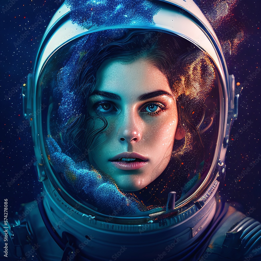 Fictional Astronaut Woman Looking in Wonder at the Magical Galaxy Generated by AI
