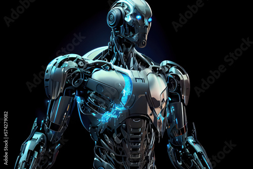 Artificial intelligence in the form of a metallic robot with bright blue eyes on a black backdrop. Generative AI