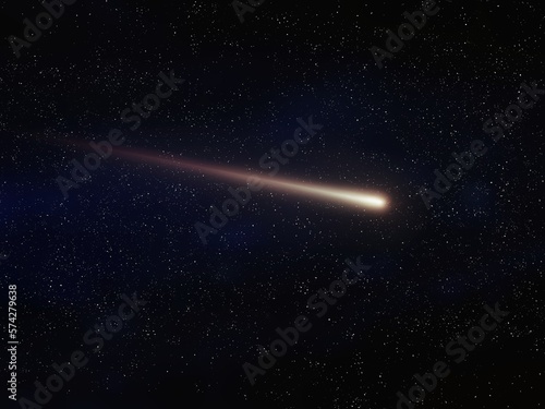 Meteor trail in the sky. A meteorite flies against the background of stars. Beautiful meteor in the atmosphere.