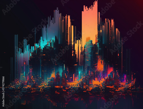 Digital Glitch City: Vibrant Neon Colors Abstract Background