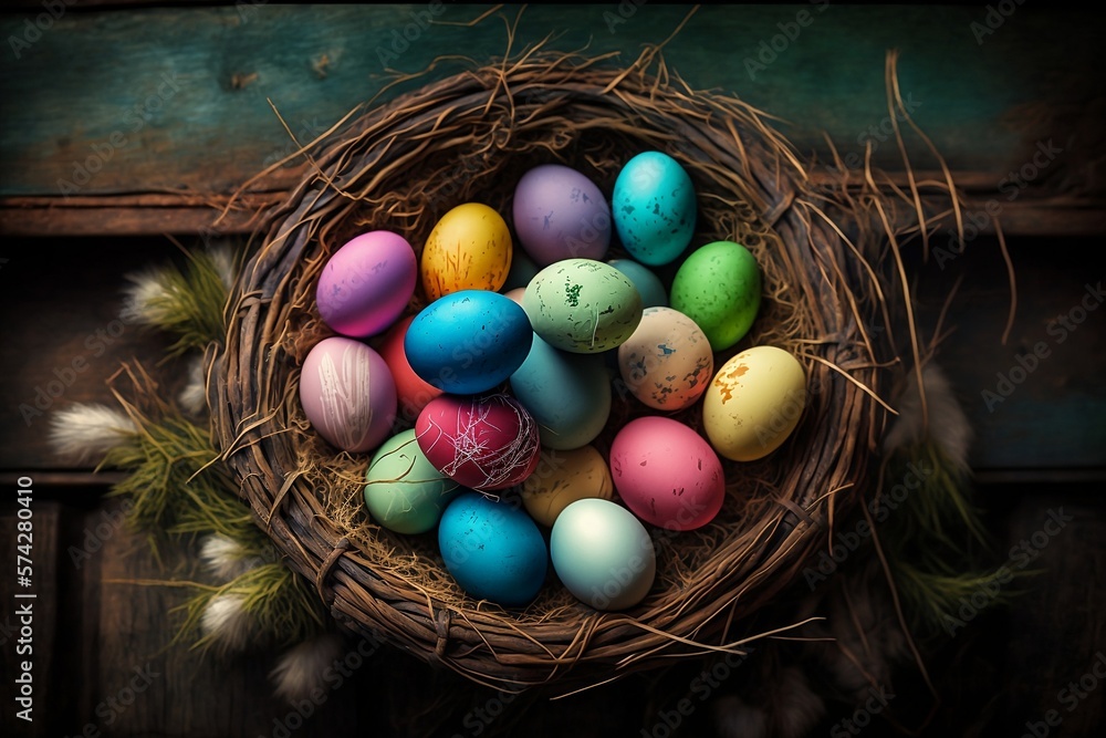 colorful easter eggs in hay basket colorful easter eggs in hay basket