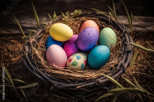 colorful easter eggs in hay basket 