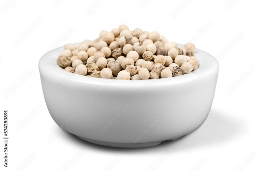 Collection of different spices with names in white pans, isolated Collection of different spices with names in white pans, isolated