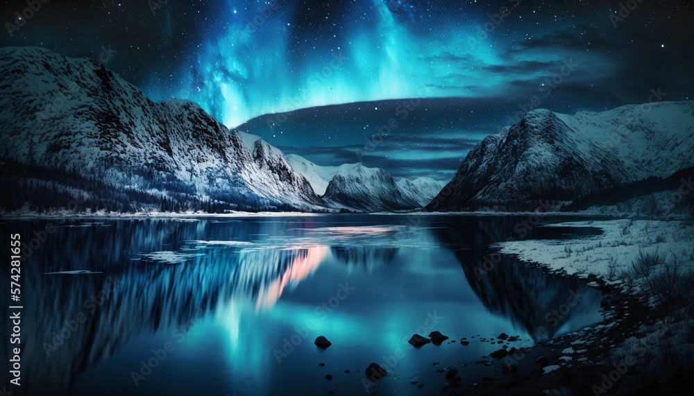 Northern Lights Panorama over a Paradise Lake Generated by AI