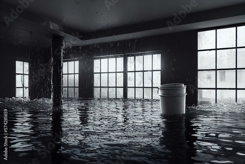 Murais de parede Bucket with mob in flooded basement or electrical room