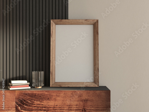 Vertical Frame Mockup for poster on the wooden chest, 3d rendering