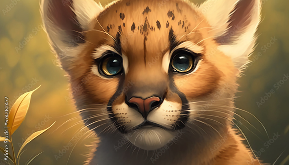Baby cougar, lion or wild cat. Generative AI.