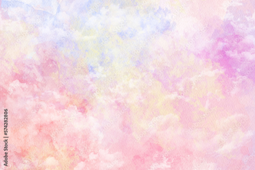 Colorful abstract watercolor background with painted sunset sky colors of pink and yellow. painting on border for template or website