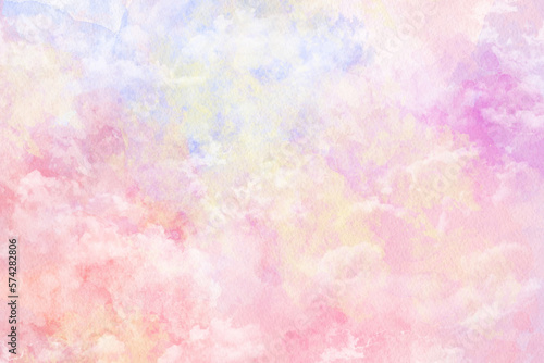 Colorful abstract watercolor background with painted sunset sky colors of pink and yellow. painting on border for template or website © vika33
