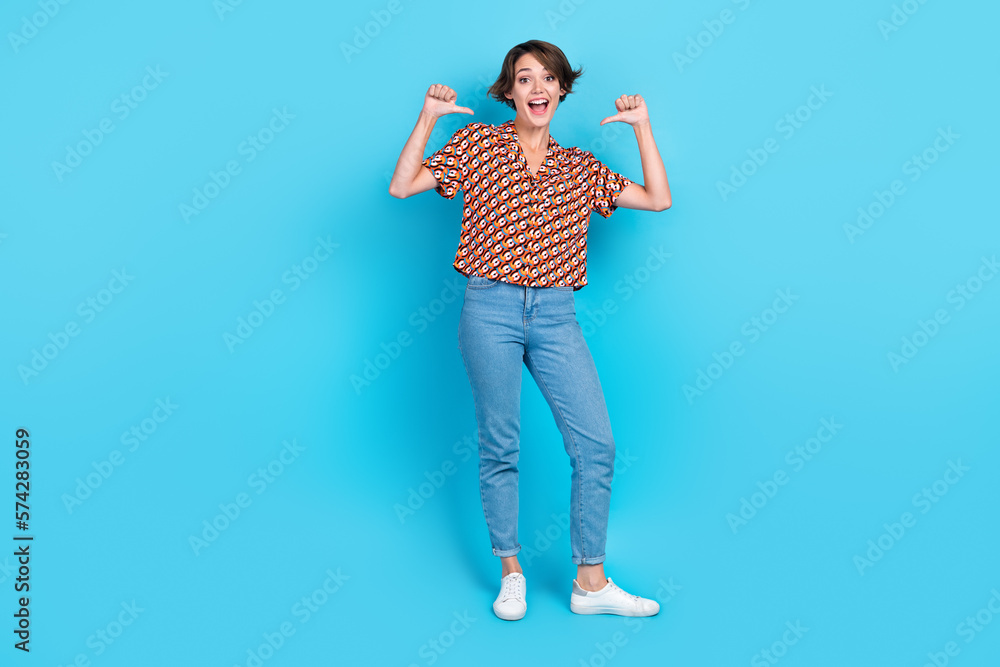 Full length photo of cheerful satisfied person point fingers self herself isolated on blue color background
