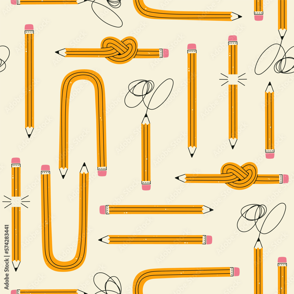Set of yellow Pencils in various conditions. Straight, bended, knotted, broken and short pencil. Back to school, teacher's day concept. Hand drawn Vector illustration. Square seamless Pattern
