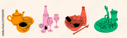 Tea pot, cup and cake, wine and peaches, ramen bowl, tasty croissant sandwich. Hand drawn modern Vector illustration. Isolated design elements. Restaurant, food and drink, breakfast or lunch concept
