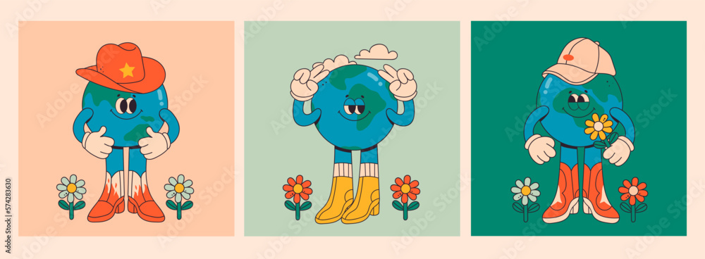 Obraz premium Set of Planet Earth characters. Cute Earth globe with emotions, face, arms, hats and legs in boots. Cartoon style. Hand drawn trendy Vector illustration. World earth day, caring for nature concept