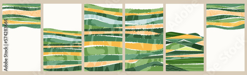 Abstract green field or wave eco farm background. Nature landscape vector illustration with scribble texture. Mountain hill, organic plantation, aesthetic countryside poster design. Ecology brochure