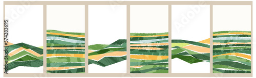 Abstract aesthetic eco green collage design. Organic nature shape vector illustration. Landscape pattern composition. Geometric field ornament. Contemporary poster collection, modern field background