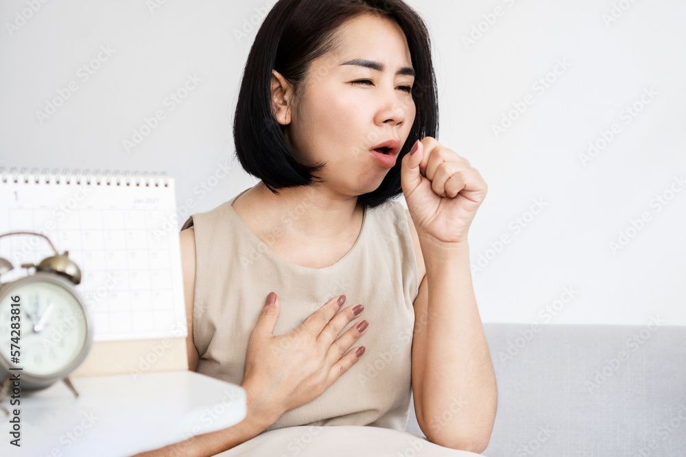 Asian women have problems with chronic cough, woman coughing too long and suffering bronchitis Asian women have problems with chronic cough, woman coughing too long and suffering bronchitis