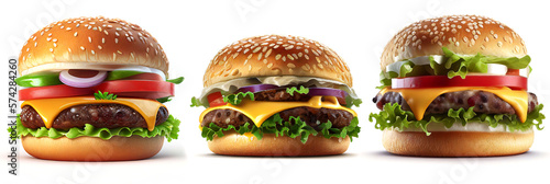 big burger, hamburger set isolated on white background, generative ai