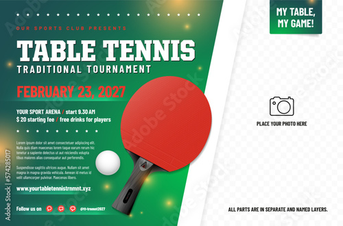 Table tennis tournament poster template with racket, ball and place for your photo - vector illustration