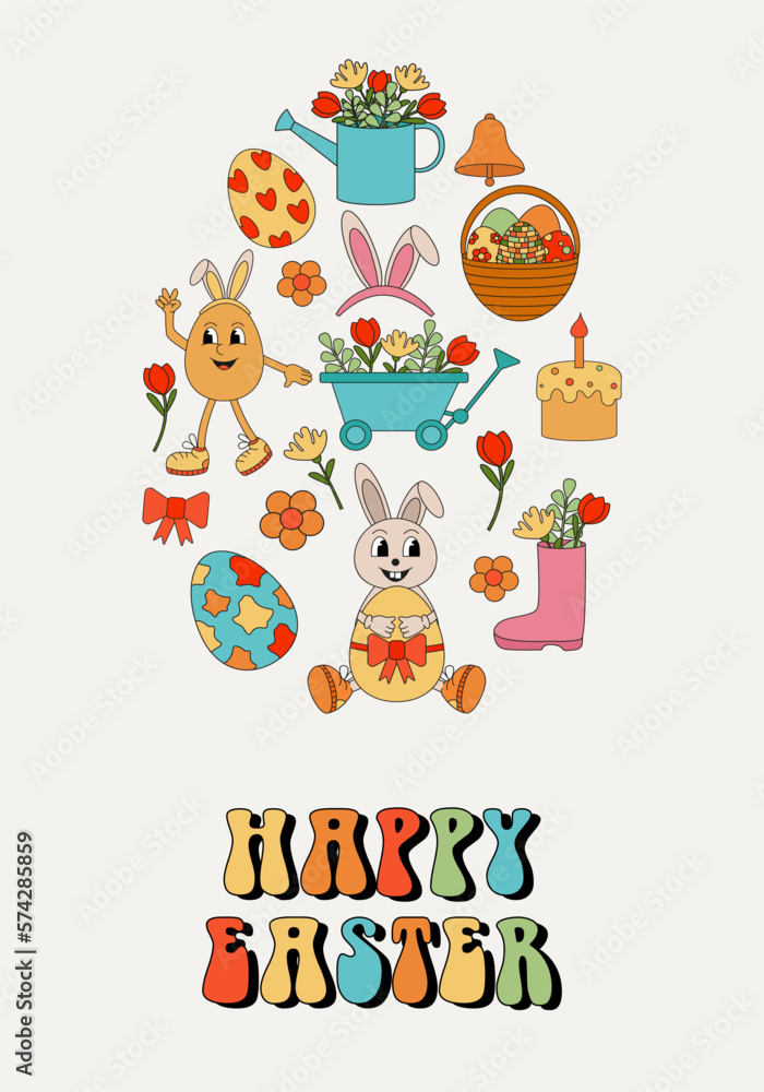 Easter card with elements in the shape of an easter egg in retro style. Groovy style characters Easter card with elements in the shape of an easter egg in retro style. Groovy style characters