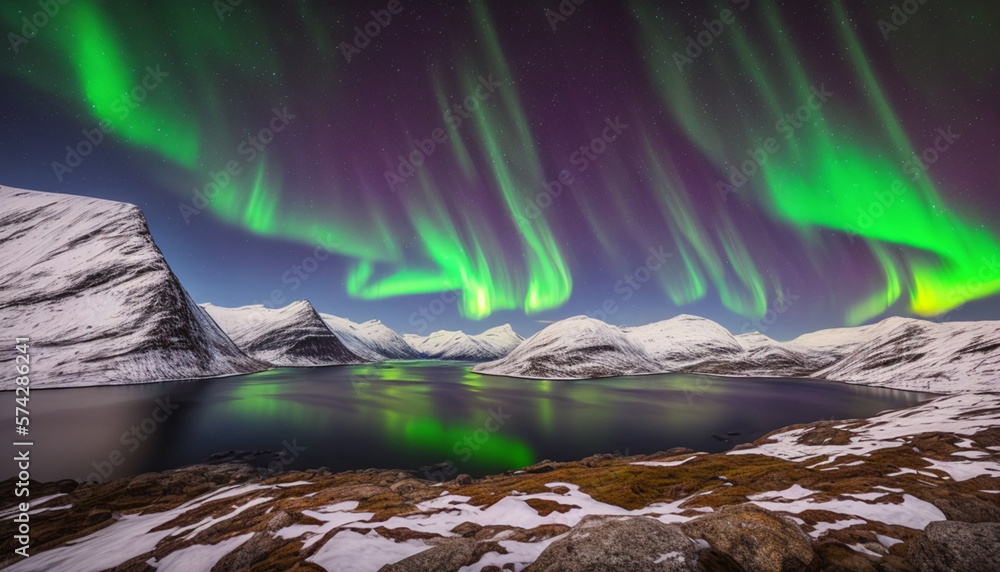 Norway, Fjord, Aurora Borealis Generative Ai