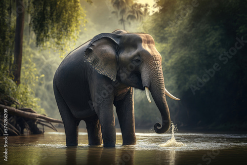 An Asian elephant bathes in lakes near a waterfall in the tropics. Photorealistic illustration generated by AI. 