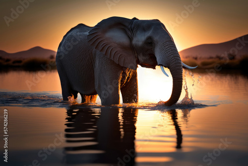 African Elephant Bates in Lakes in the savannah. Photorealistic Illustration Generated by AI.