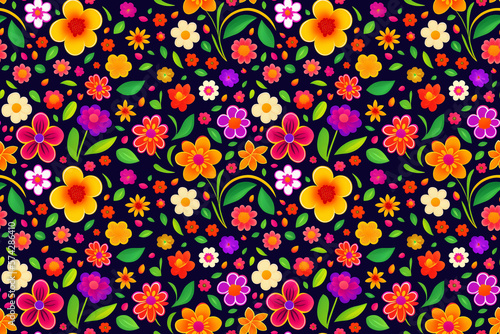 Colorful flowers and leaves - Seamless pattern.