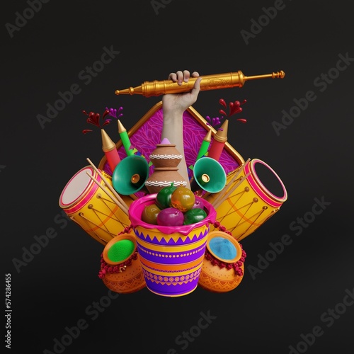 Indian festival Holi elements. Holi decoration elements. colorful trendy banner. 3d rendering in black background photo