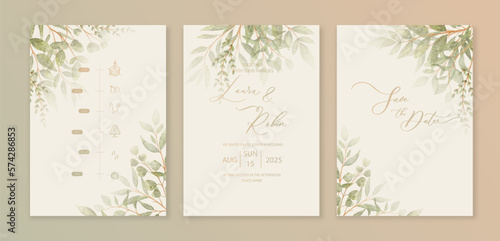 Luxury wedding invitation card background with green watercolor botanical leaves. Abstract floral art background vector design for wedding and vip cover template.