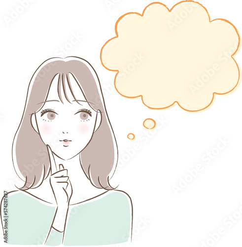 吹き出しのイラスト（考える若い女性）