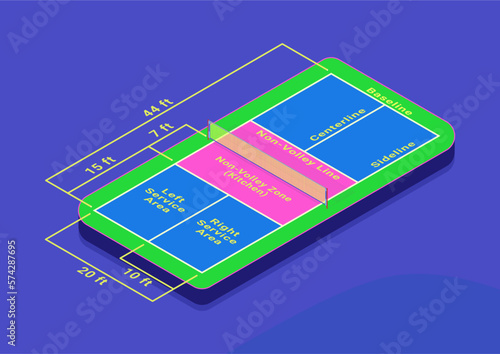 Pickleball court dimensions isometric diagram. Vector illustration without gradients.