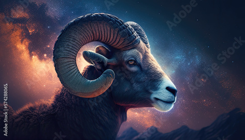 Capricorn goat ram zodiac sign against space nebula background. Astrology calendar. Esoteric horoscope and fortune telling concept. Created with Generative AI