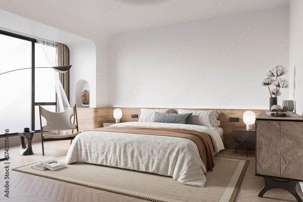 Fototapeta premium Interior Bedroom Wall Mockup - 3d rendering, 3d illustration