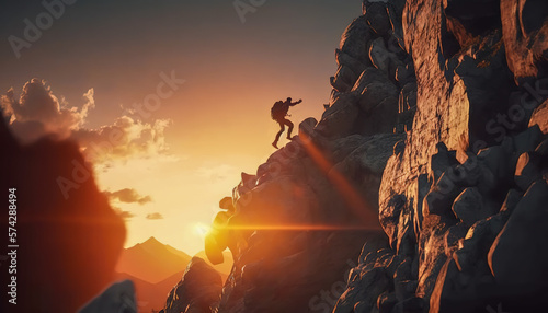 Stunning sunset climb, man ascending rock wall on mountain adventure, Generative AI