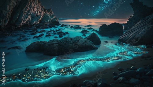 Magic Beach with Northern Lights Colorful Effects Generated by AI