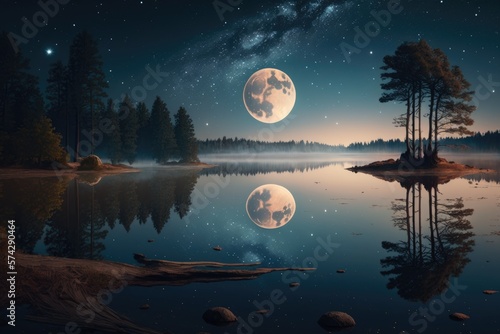 Lake in a desert with full moon in the sky generated by AI