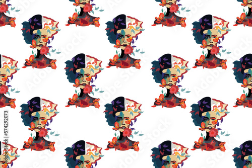 Seamless pattern with fashion woman portrait on white background. Endless backdrop with style female silhouette.
