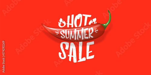 Big Hot summer sale horizontal banner with red chili cayenne pepper isolated on stylish red background. Vector 3d horizontal summer hot sale clearance poster, flyer, banner, tag and background