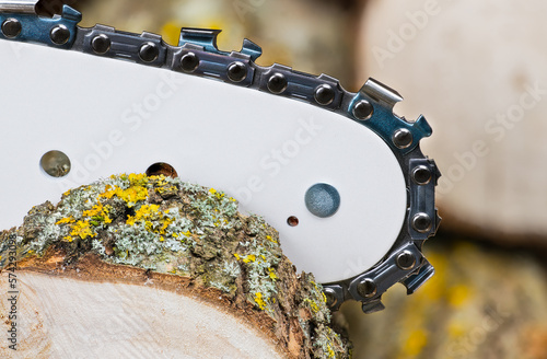 Sharp steel teeth on chainsaw detail at sawing natural wood log and blurred woodpile on background. Closeup of modern metal saw chain on guide bar of portable power cutting tool at firewood preparing. photo