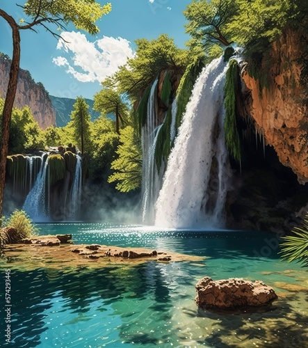 Mountain river waterfall, water cascade in summer forest, landscape background Generative AI